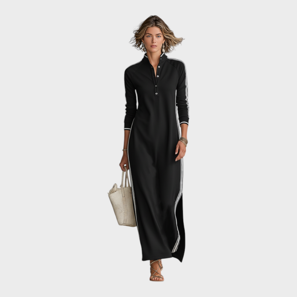 Jenalie | Minimalistisches Maxikleid mit Bluse, weißen Details und Knöpfen