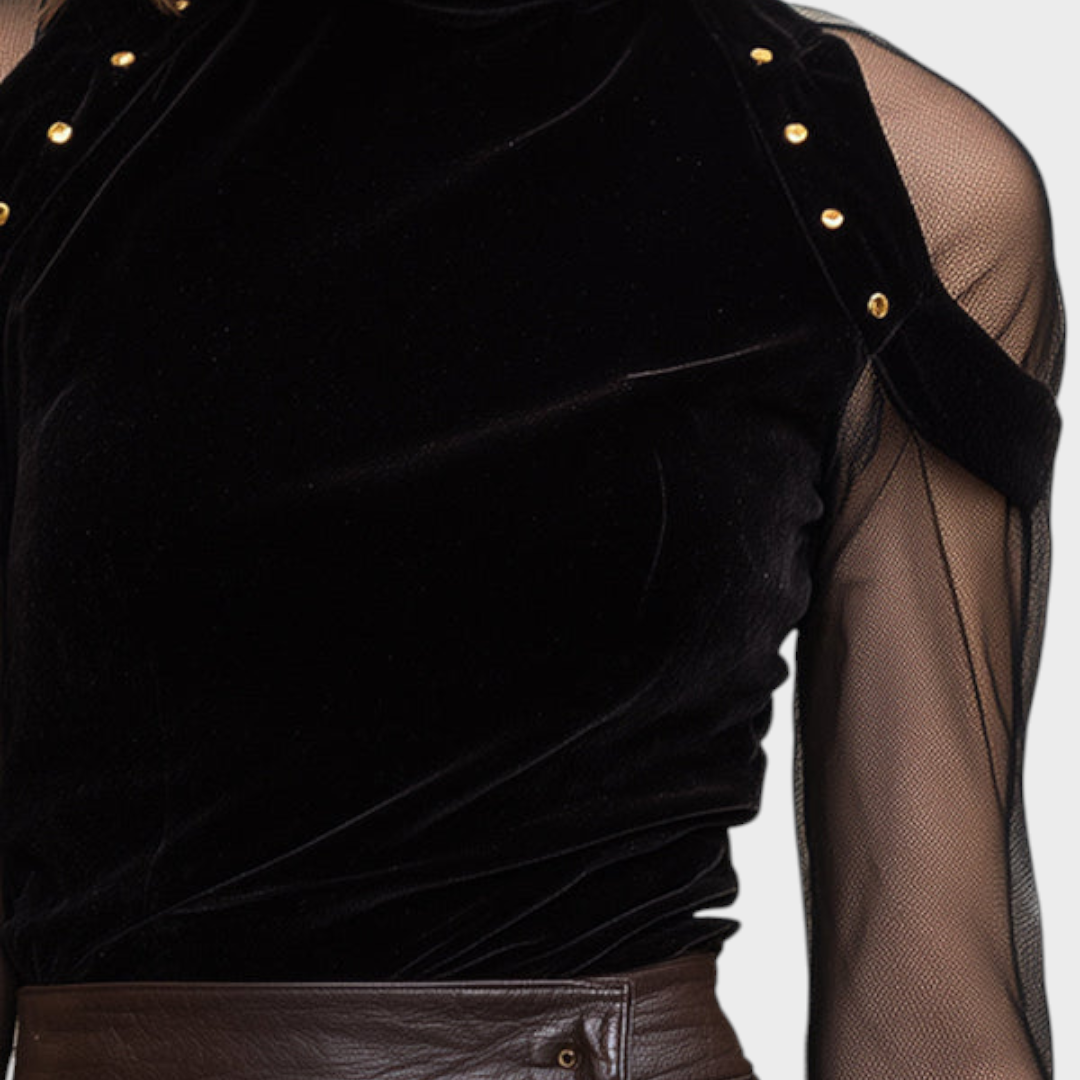 Angely – Schwarze Samtbluse für Damen mit Netz- und Golddetails – Ansicht 3