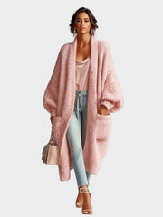 Lily – Pinkfarbene Maxi-Strickjacke für Damen mit Puffärmeln – Ansicht 2