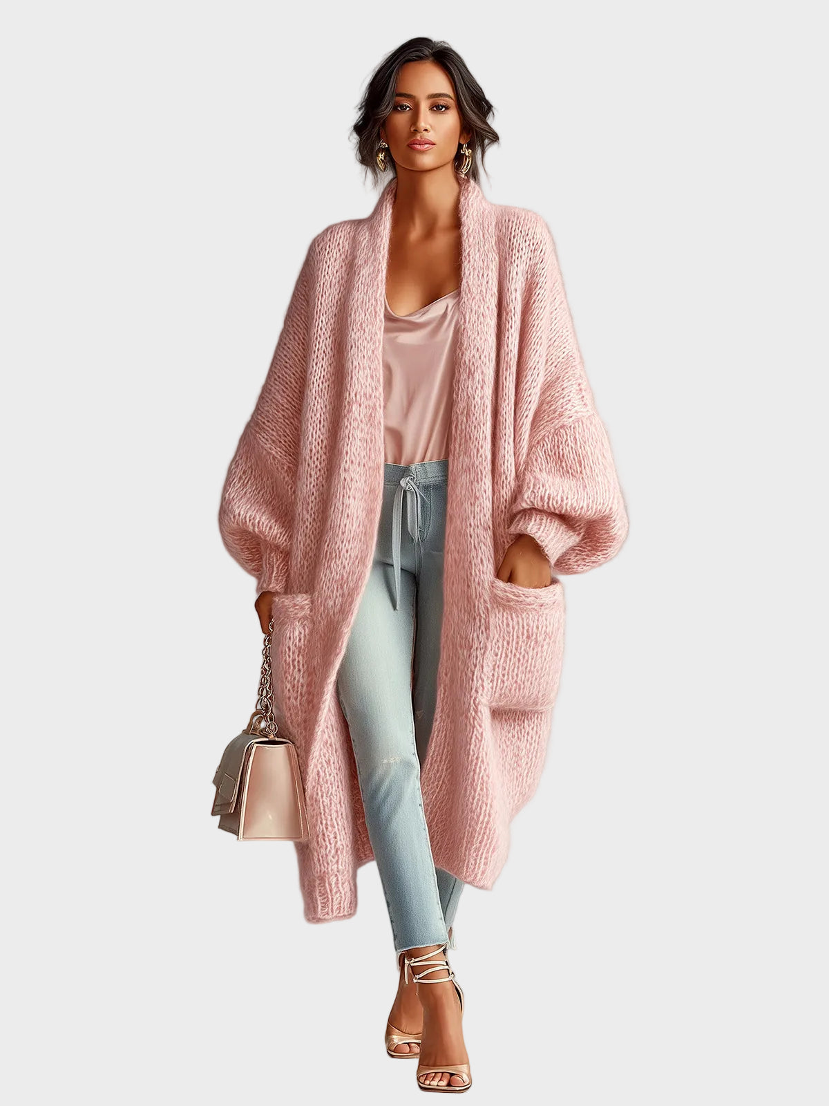 Lily – Pinkfarbene Maxi-Strickjacke für Damen mit Puffärmeln – Ansicht 2