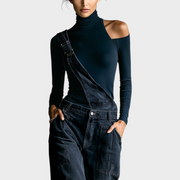 Megan – Damen-Set mit schwarzem One-Shoulder-Top und blaugrauem Jumpsuit – Ansicht 3