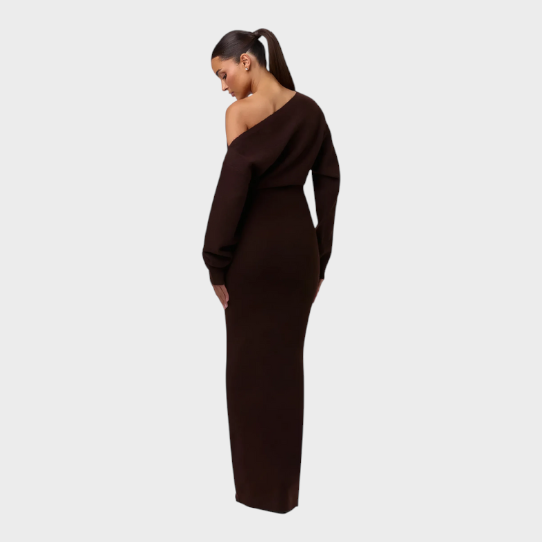 Hillary – Schulterfreies Strick-Maxikleid