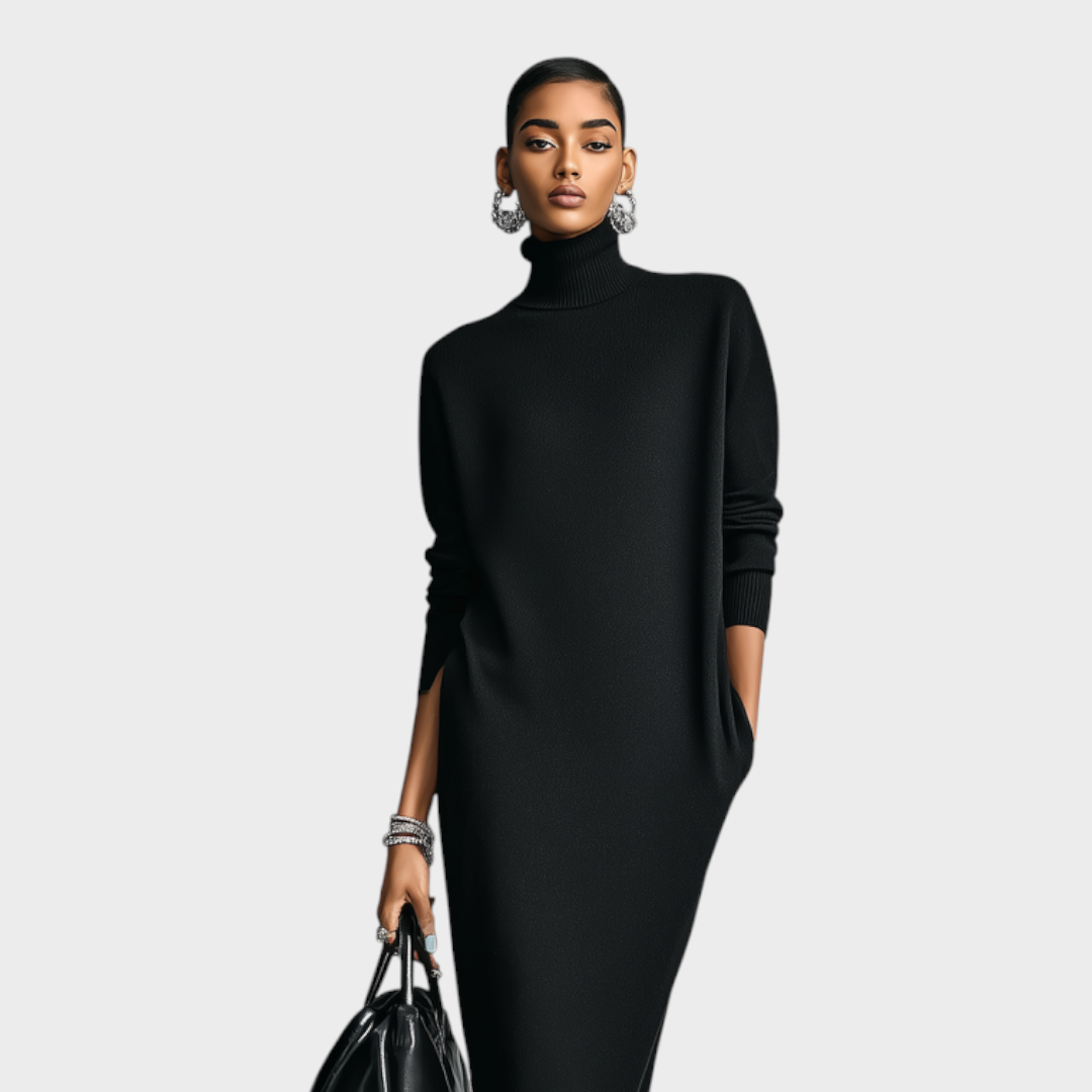 Caitlin – Schwarzes Strickkleid mit Rollkragen und lockerer Passform