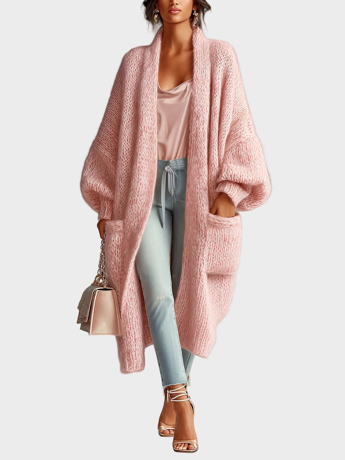 Lily – Pinkfarbene Maxi-Strickjacke für Damen mit Puffärmeln