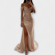 Trägerloses Abend-Maxikleid für Damen mit Glitzer und Schlitz