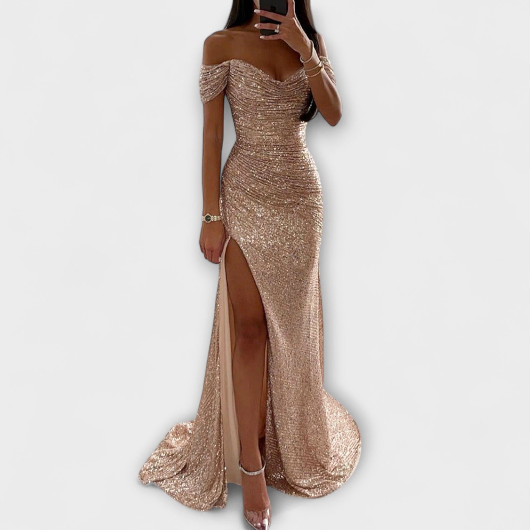 Trägerloses Abend-Maxikleid für Damen mit Glitzer und Schlitz