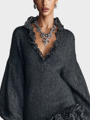 Loisa – Graues Strickminikleid mit V-Ausschnitt und Puffärmeln – Ansicht 4