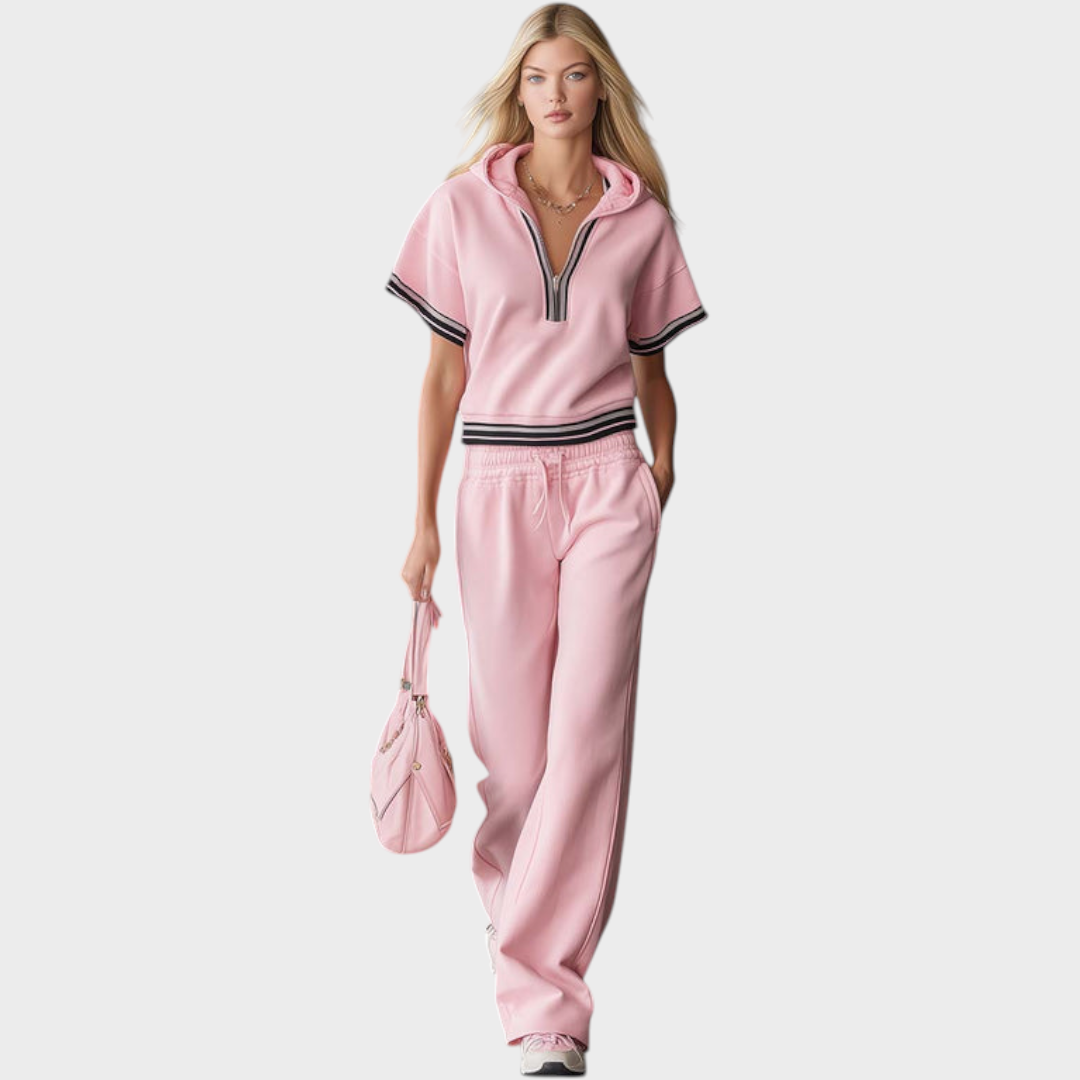 Zahra | Elegantes Sport-Set: Rosa Kurzarm-Top mit Kapuze und Frontreißverschluss