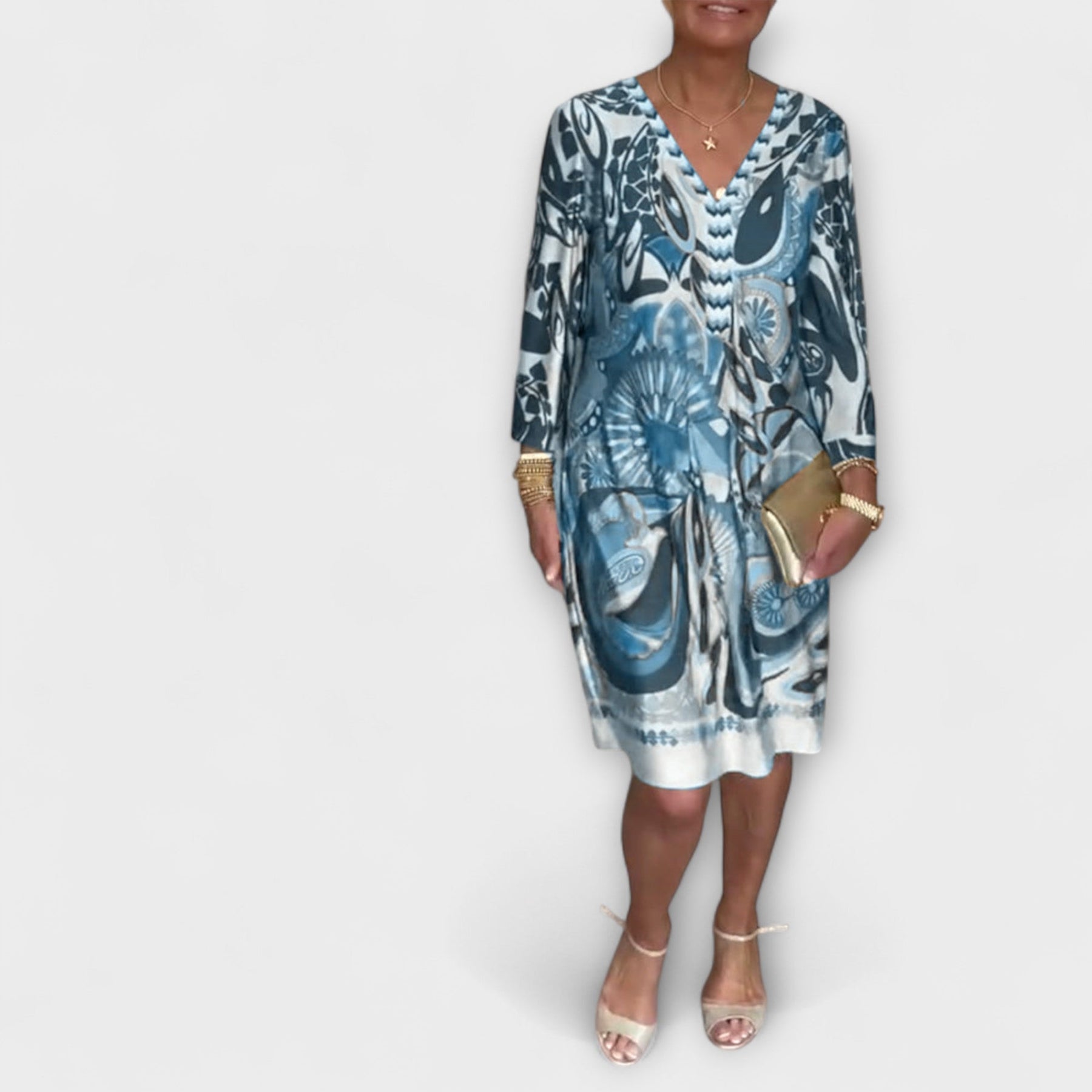Lockeres Damenkleid mit V-Ausschnitt im Retro-Design – Ansicht 2