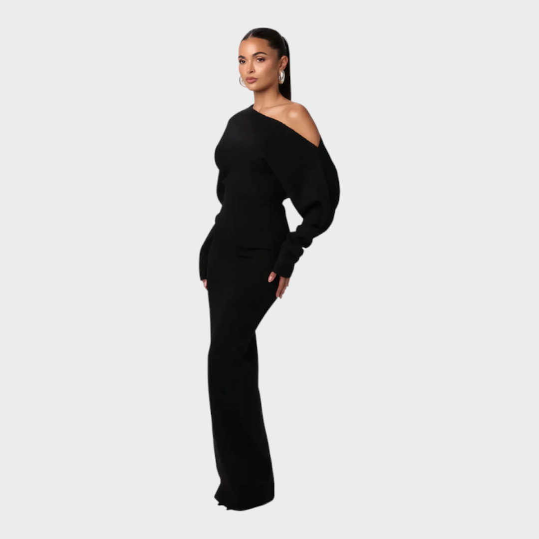 Hillary – Schulterfreies Strick-Maxikleid