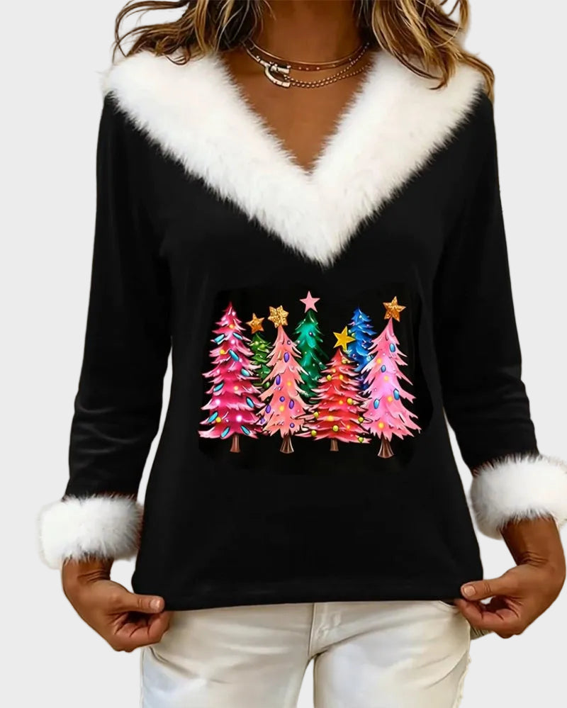 Damen-Fleecepullover Aubrey mit V-Ausschnitt und Weihnachtsmuster – Ansicht 4