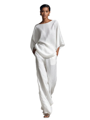 Chloe – Weißes Leinen-Set für Damen mit Oversize-Bluse mit Fledermausärmeln und weiter Hose – Ansicht 3