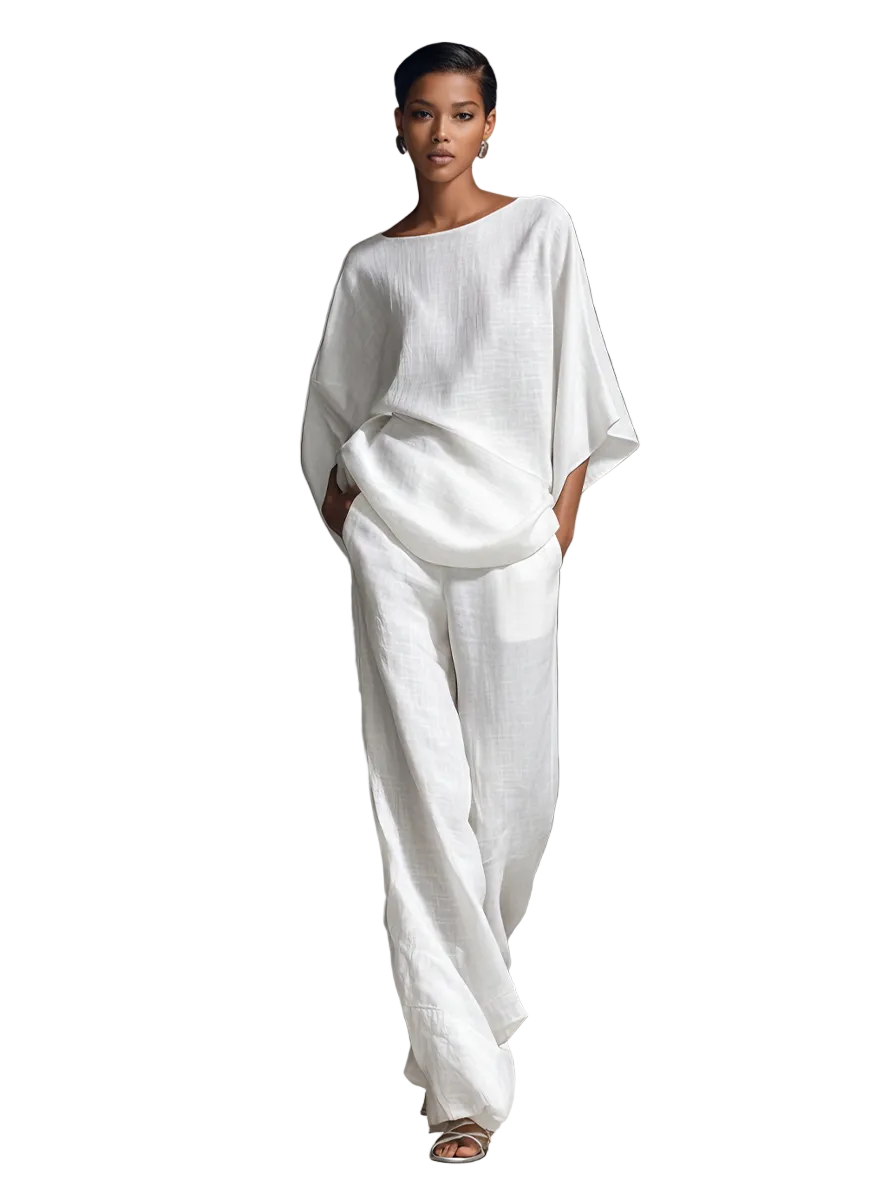 Chloe – Weißes Leinen-Set für Damen mit Oversize-Bluse mit Fledermausärmeln und weiter Hose – Ansicht 3
