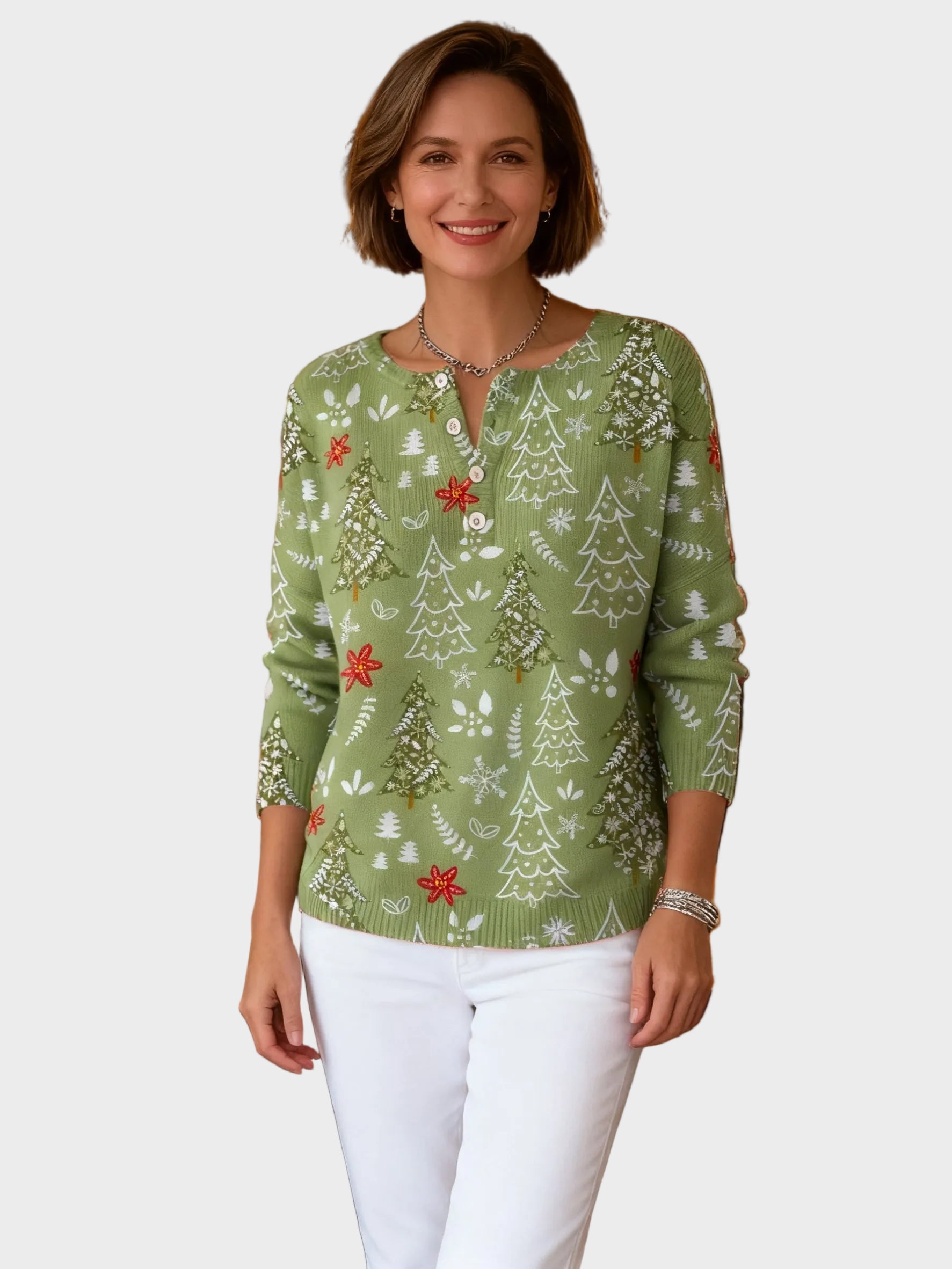 Maria – Weihnachtspullover für Damen mit Winterkiefern-Motiv