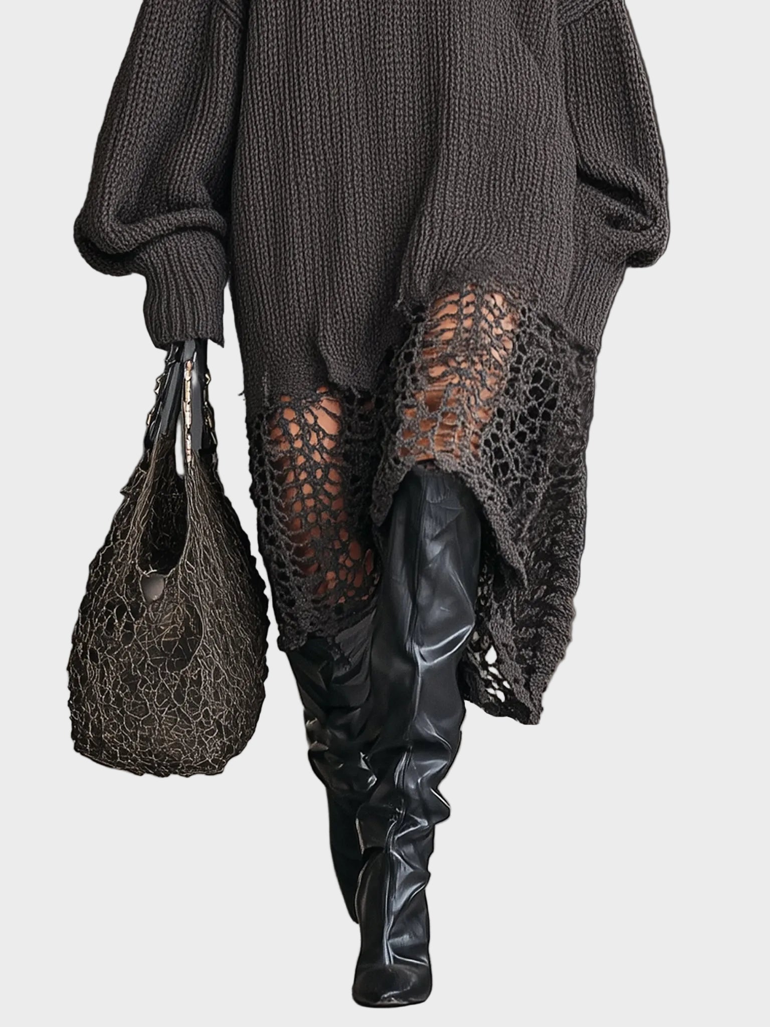 Vannesa – Gestricktes Midikleid mit V-Ausschnitt und Mesh-Ärmeln – Ansicht 4