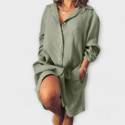 Lässige Damen-Leinenbluse mit Kragen und Tasche – Ansicht 7