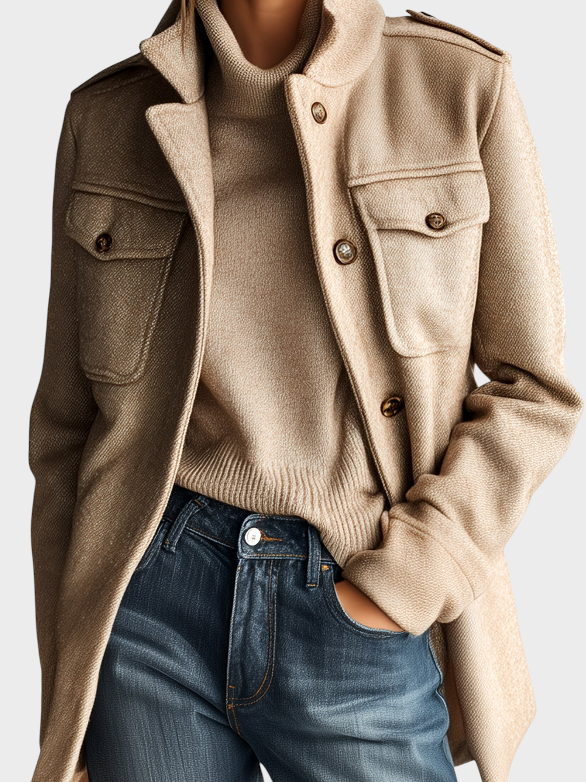 Eleven Ora – Kamelfarbene Wolljacke für Damen mit Stehkragen – Ansicht 2
