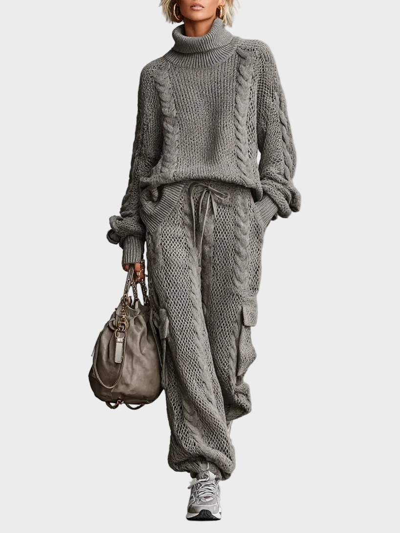 Aveline – Damen-Freizeitset mit Zopfmuster-Rollkragenpullover und Cargo-Hose