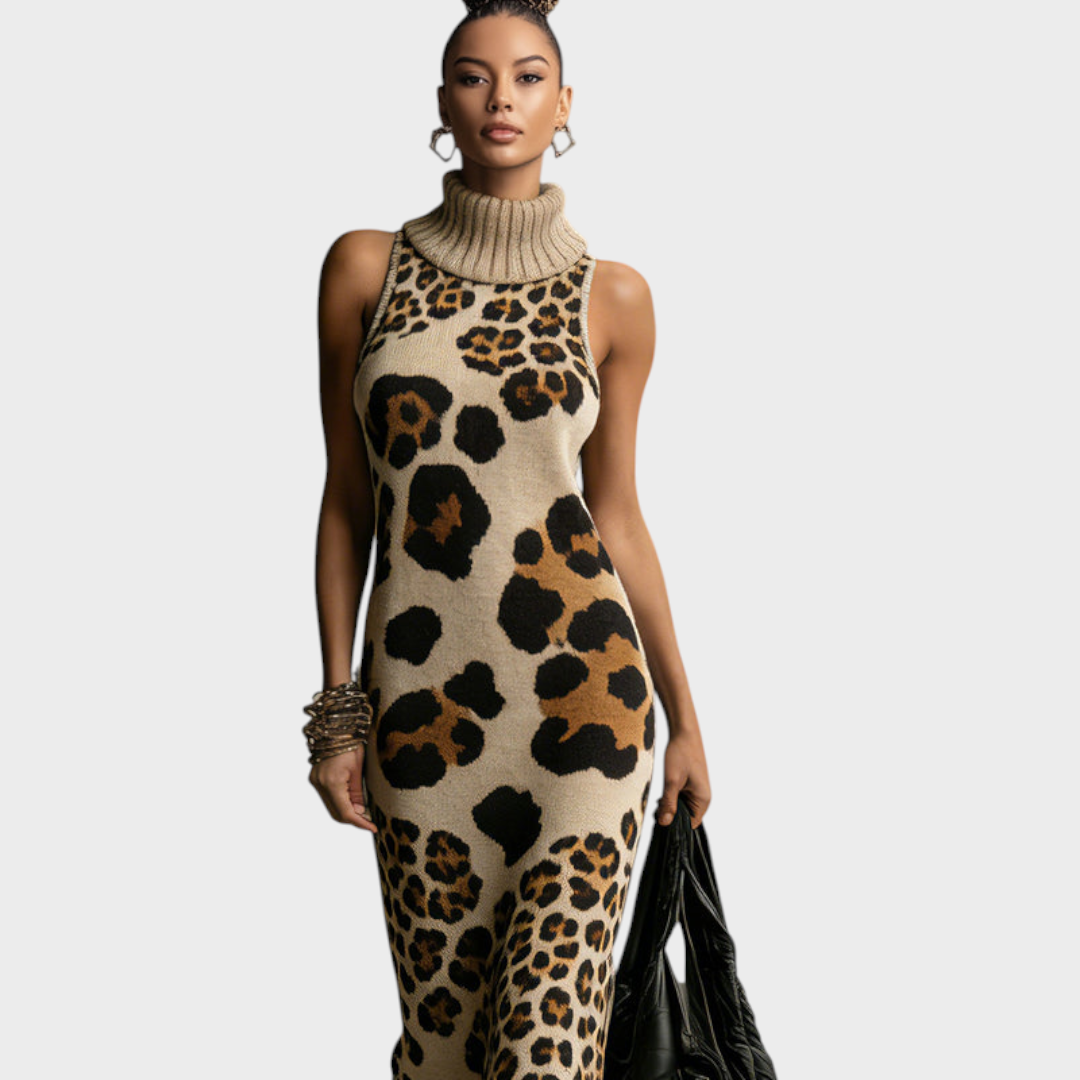 Shannon – Braunes Strick-Maxikleid mit Leopardenmuster, Stehkragen und Fransen