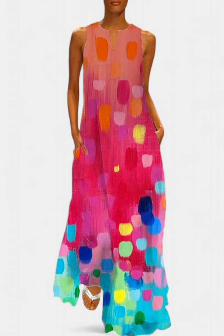 Enna – Mehrfarbiges ärmelloses Damenkleid mit V-Ausschnitt