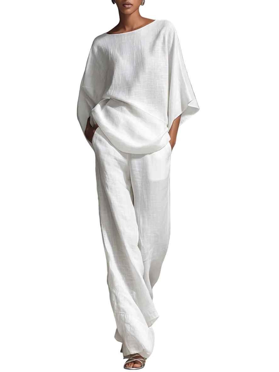 Chloe – Weißes Leinen-Set für Damen mit Oversize-Bluse mit Fledermausärmeln und weiter Hose
