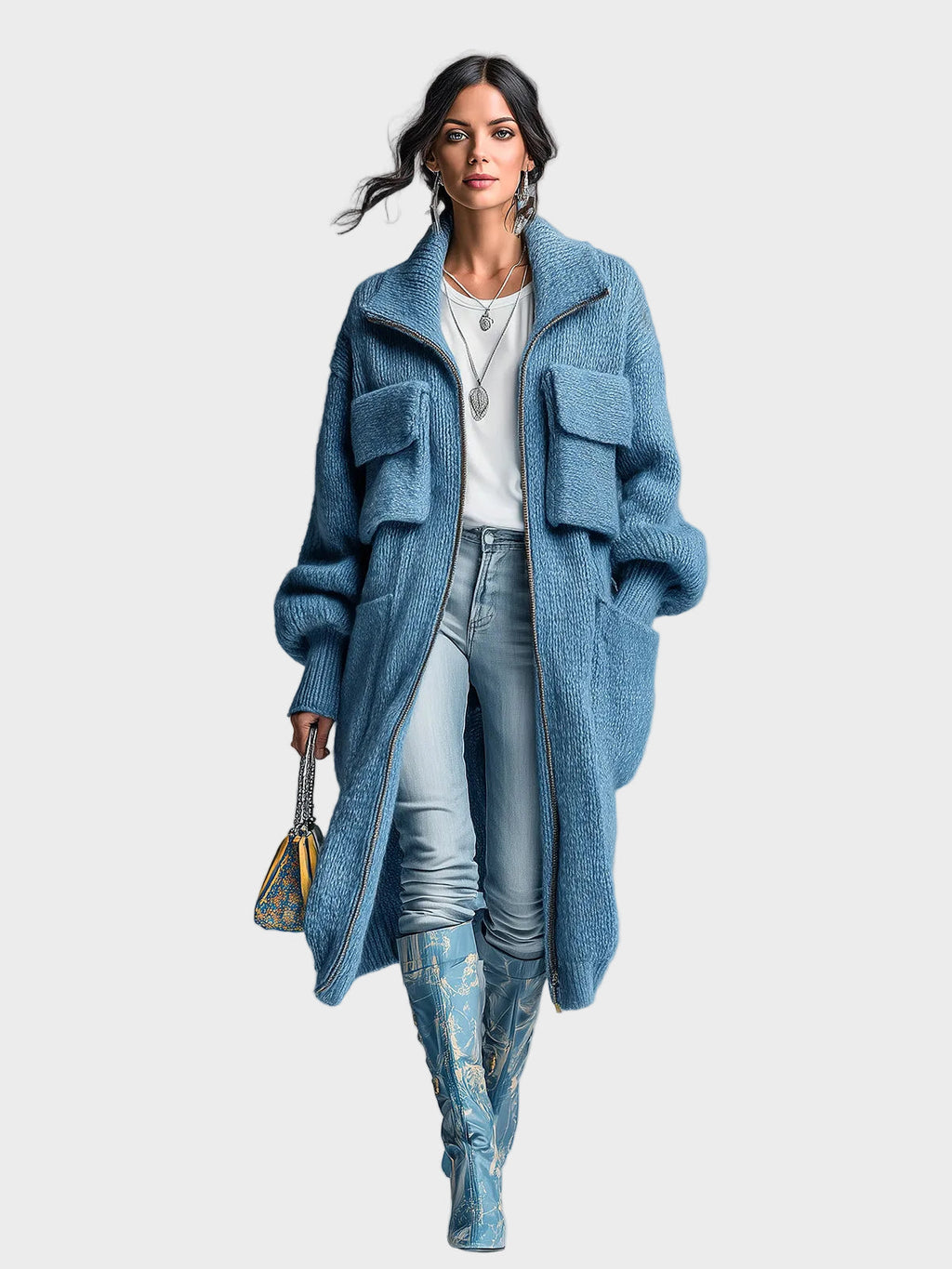 Doloris | Elegante, blaue Maxi-Strickjacke im Retro-Stil mit Frontreißverschluss, praktischen Taschen und großem, weichem Strickbündchen