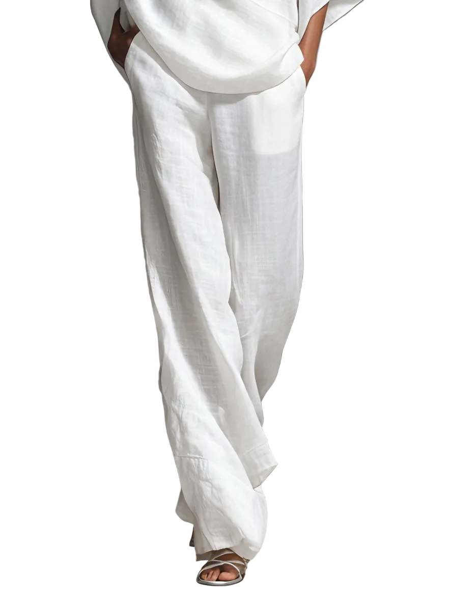 Chloe – Weißes Leinen-Set für Damen mit Oversize-Bluse mit Fledermausärmeln und weiter Hose – Ansicht 5