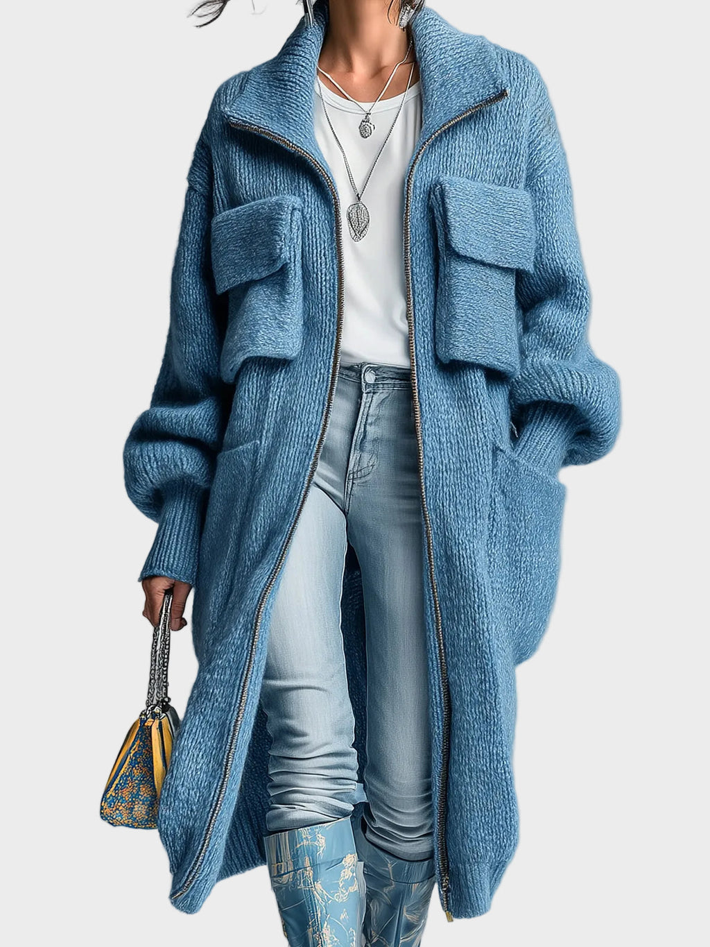 Doloris | Elegante, blaue Maxi-Strickjacke im Retro-Stil mit Frontreißverschluss, praktischen Taschen und großem, weichem Strickbündchen