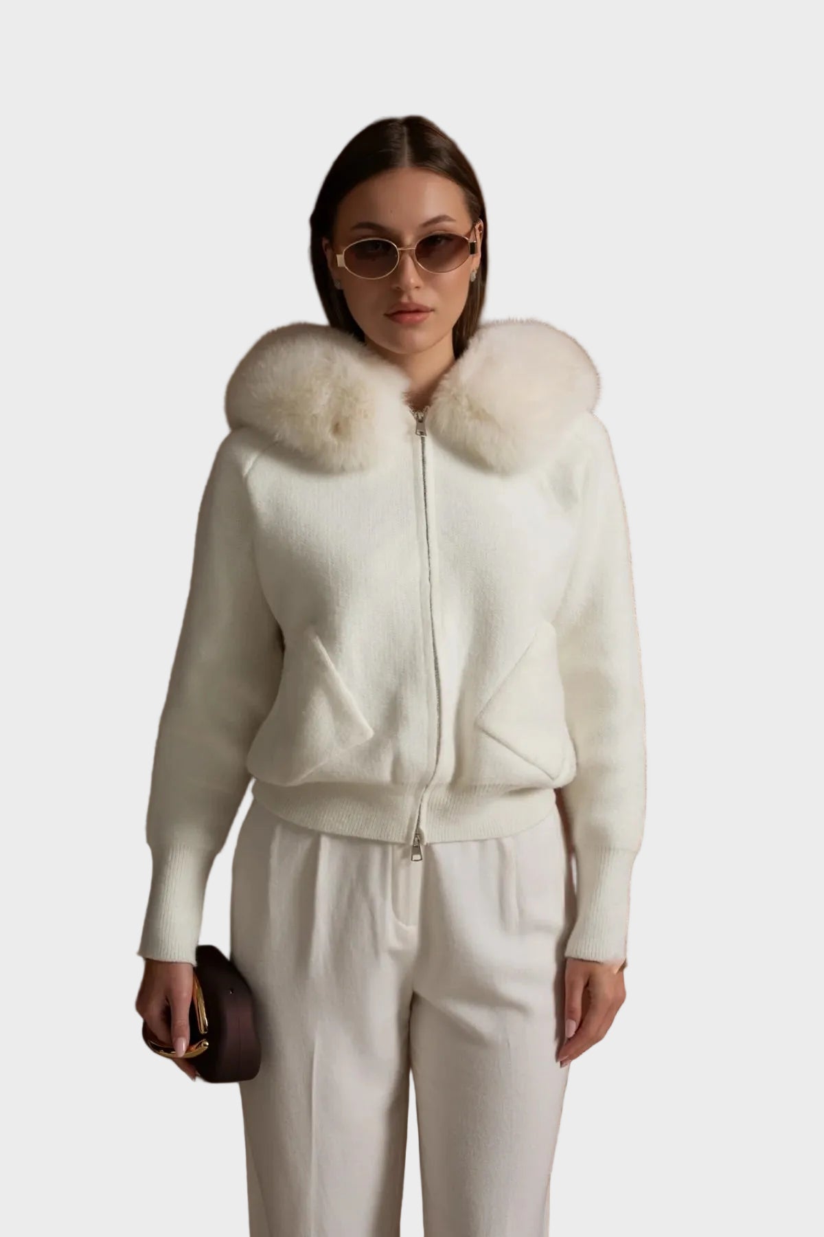 Tina – Woll-Sweatshirtjacke für Damen mit Reißverschluss und Pelzkragen – Ansicht 2