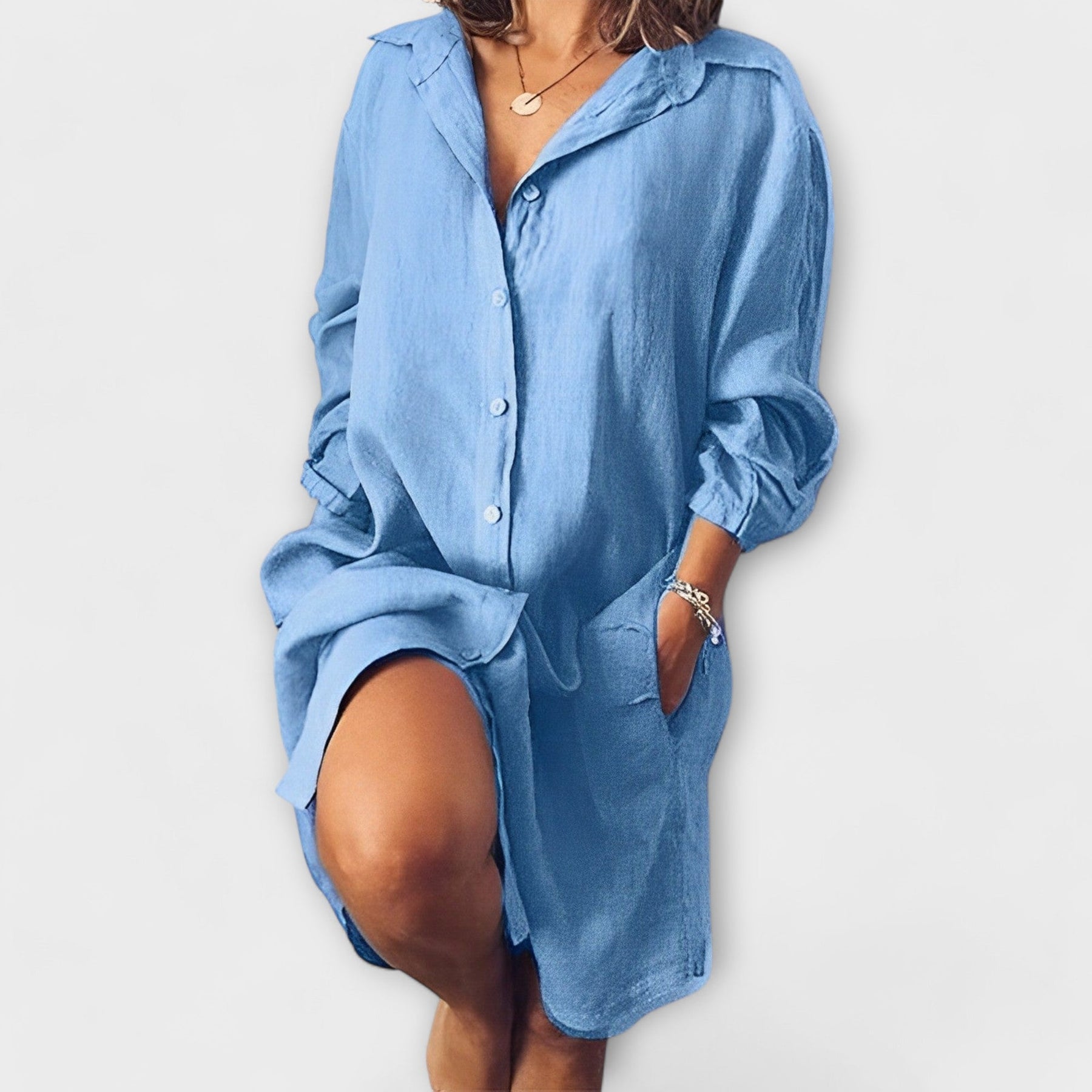 Lässige Damen-Leinenbluse mit Kragen und Tasche – Ansicht 3
