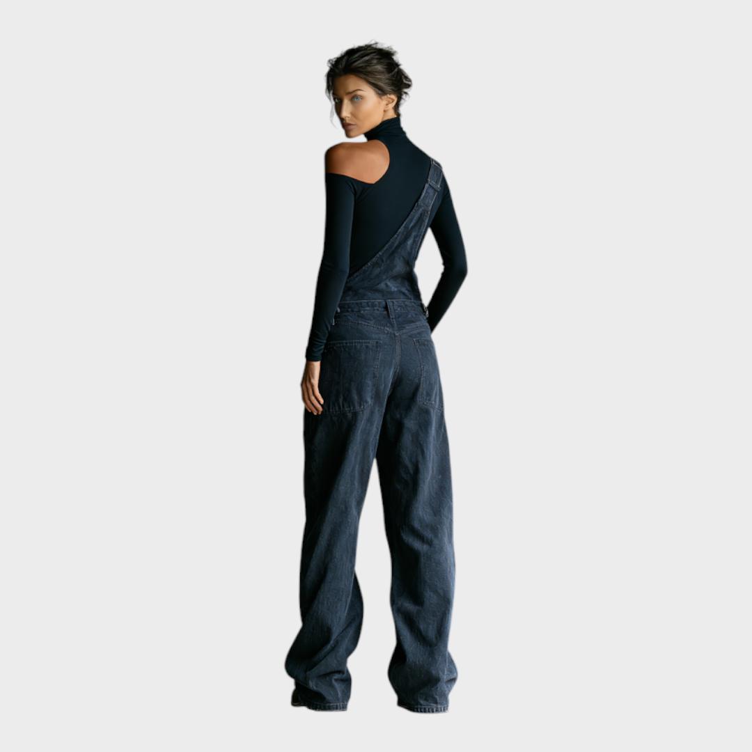 Megan – Damen-Set mit schwarzem One-Shoulder-Top und blaugrauem Jumpsuit – Ansicht 4