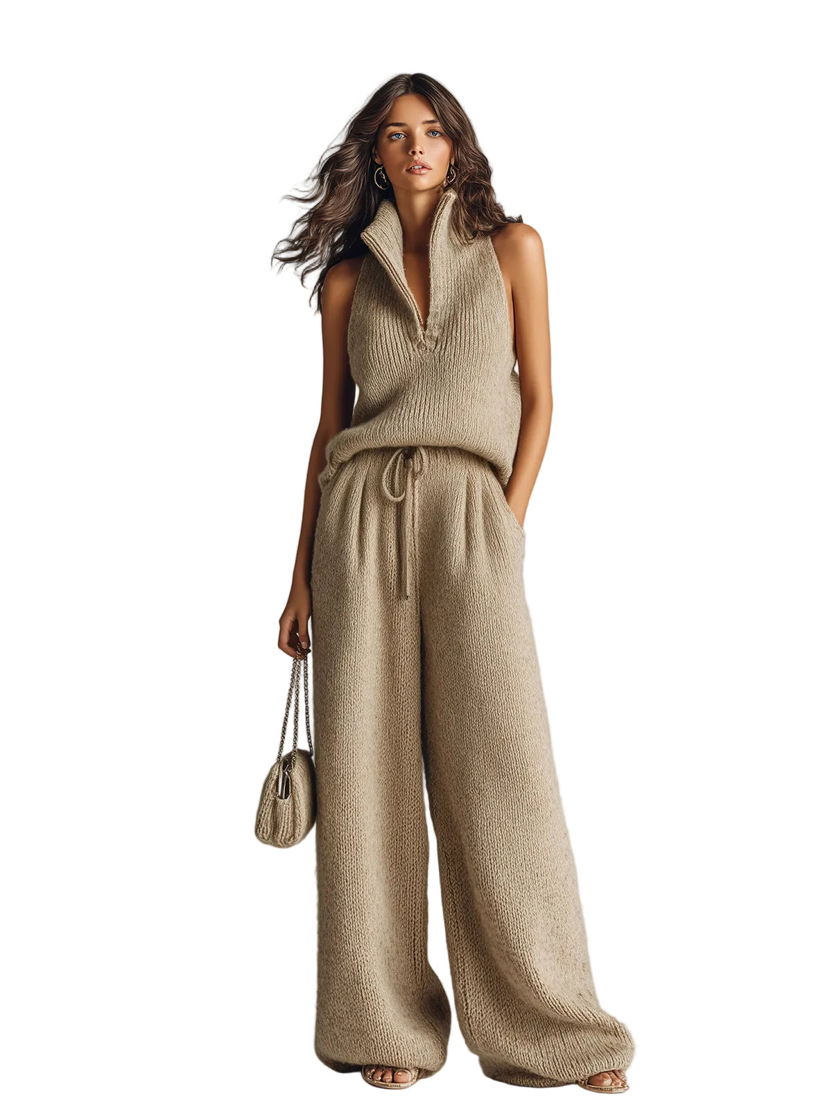 Kelly – Kamelfarbenes Strickset für Damen mit ärmellosem Top und weiter Hose – Ansicht 2