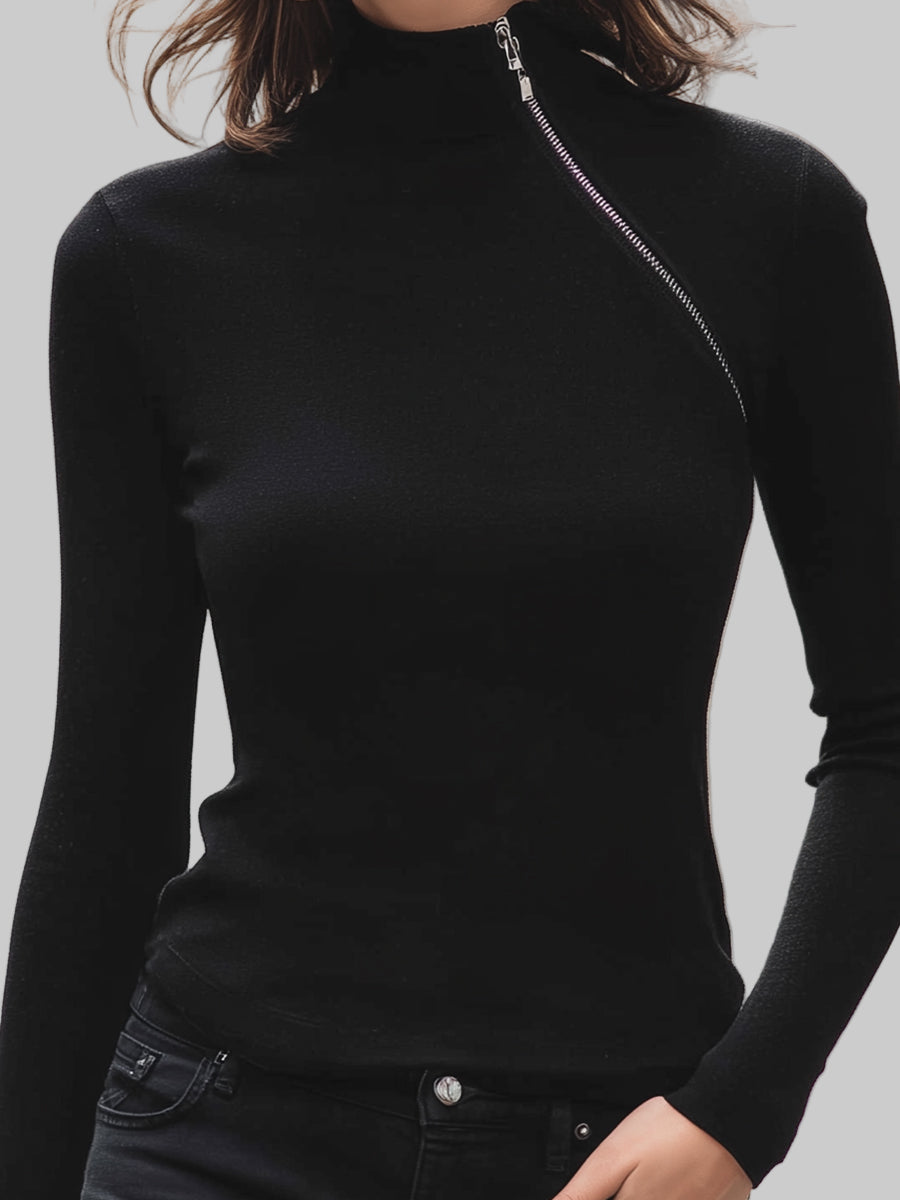 Schwarze asymmetrische Strickbluse für Damen mit Reißverschluss und Stehkragen – Ansicht 4