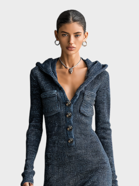 Akesha – Langes tailliertes Damenkleid mit Kapuze