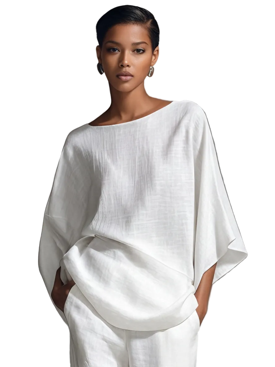 Chloe – Weißes Leinen-Set für Damen mit Oversize-Bluse mit Fledermausärmeln und weiter Hose – Ansicht 4