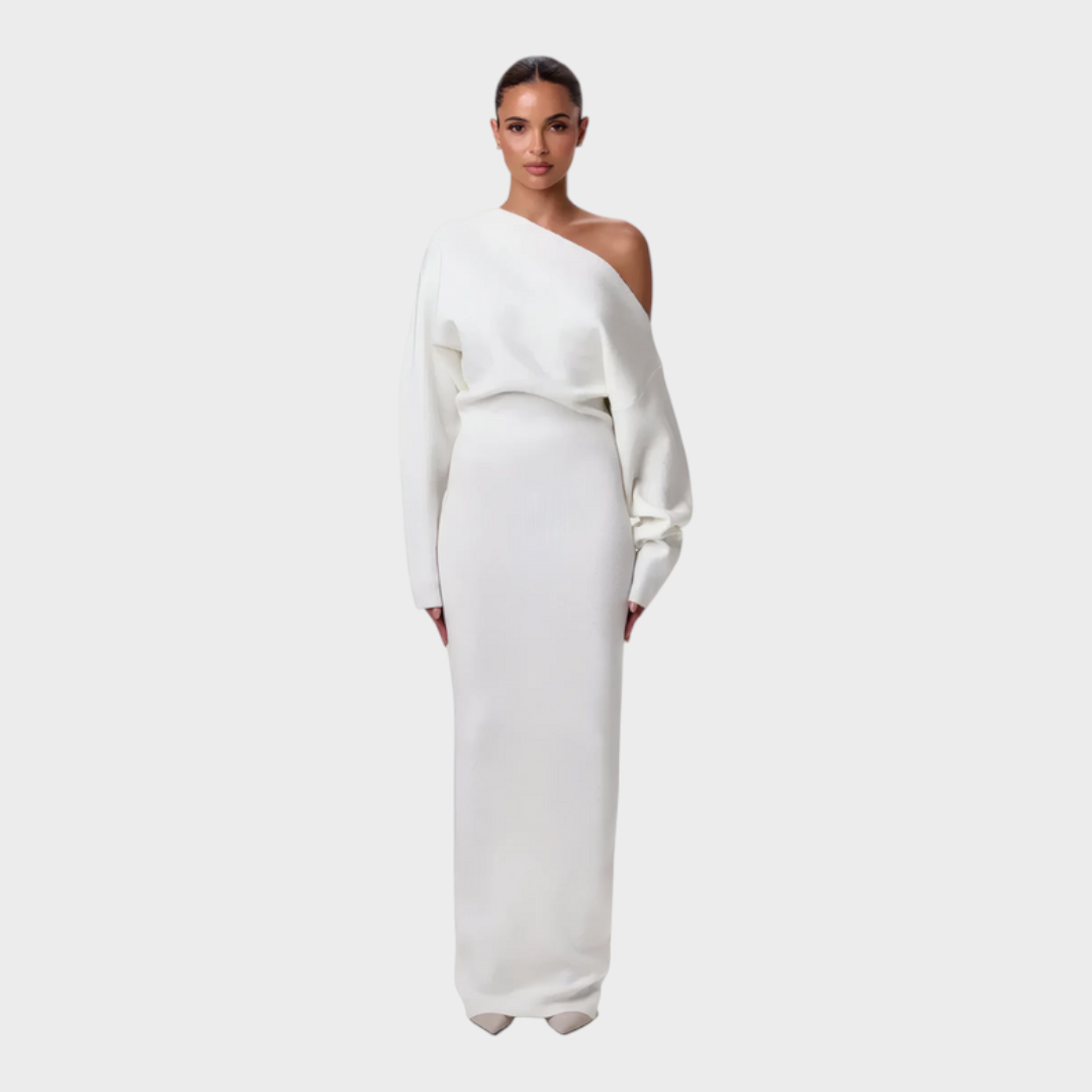 Hillary – Schulterfreies Strick-Maxikleid