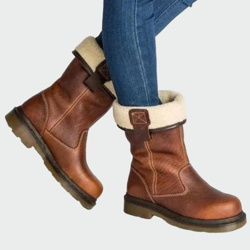 Braune Winterstiefeletten für Damen aus Leder mit warmem Futter