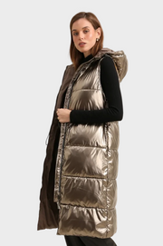 Felicia – Lange goldfarbene ärmellose Jacke für Damen mit Futter – Ansicht 4