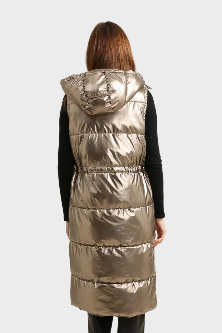 Felicia – Lange goldfarbene ärmellose Jacke für Damen mit Futter – Ansicht 3