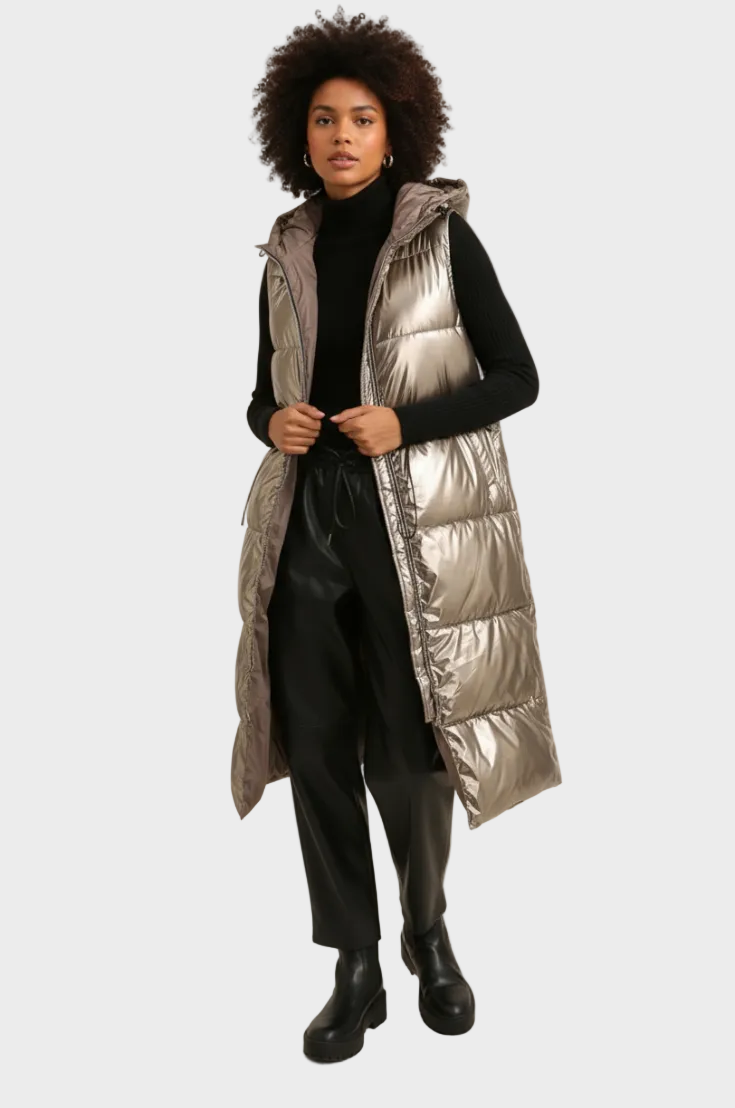 Felicia – Lange goldfarbene ärmellose Jacke für Damen mit Futter