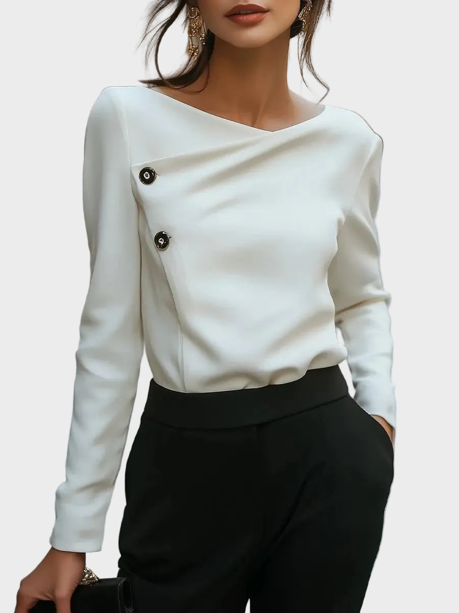 Hira – Asymmetrisches weißes Damen-Top mit Knöpfen vorne