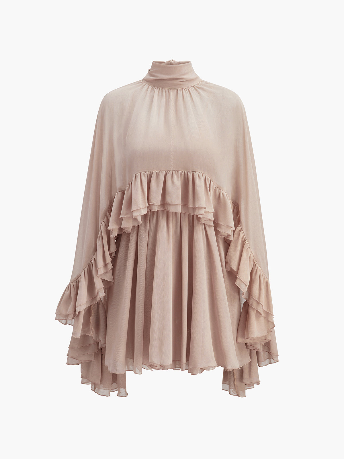 Kim – Halbtransparentes Chiffonkleid mit Rüschen und Umhang