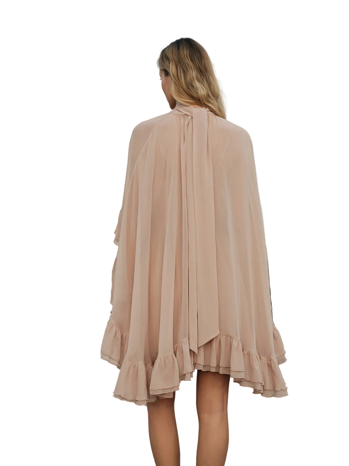 Kim – Halbtransparentes Chiffonkleid mit Rüschen und Umhang