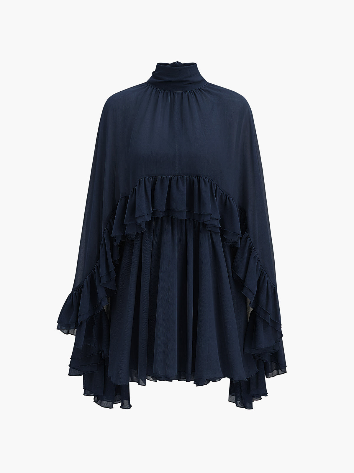 Kim – Halbtransparentes Chiffonkleid mit Rüschen und Umhang