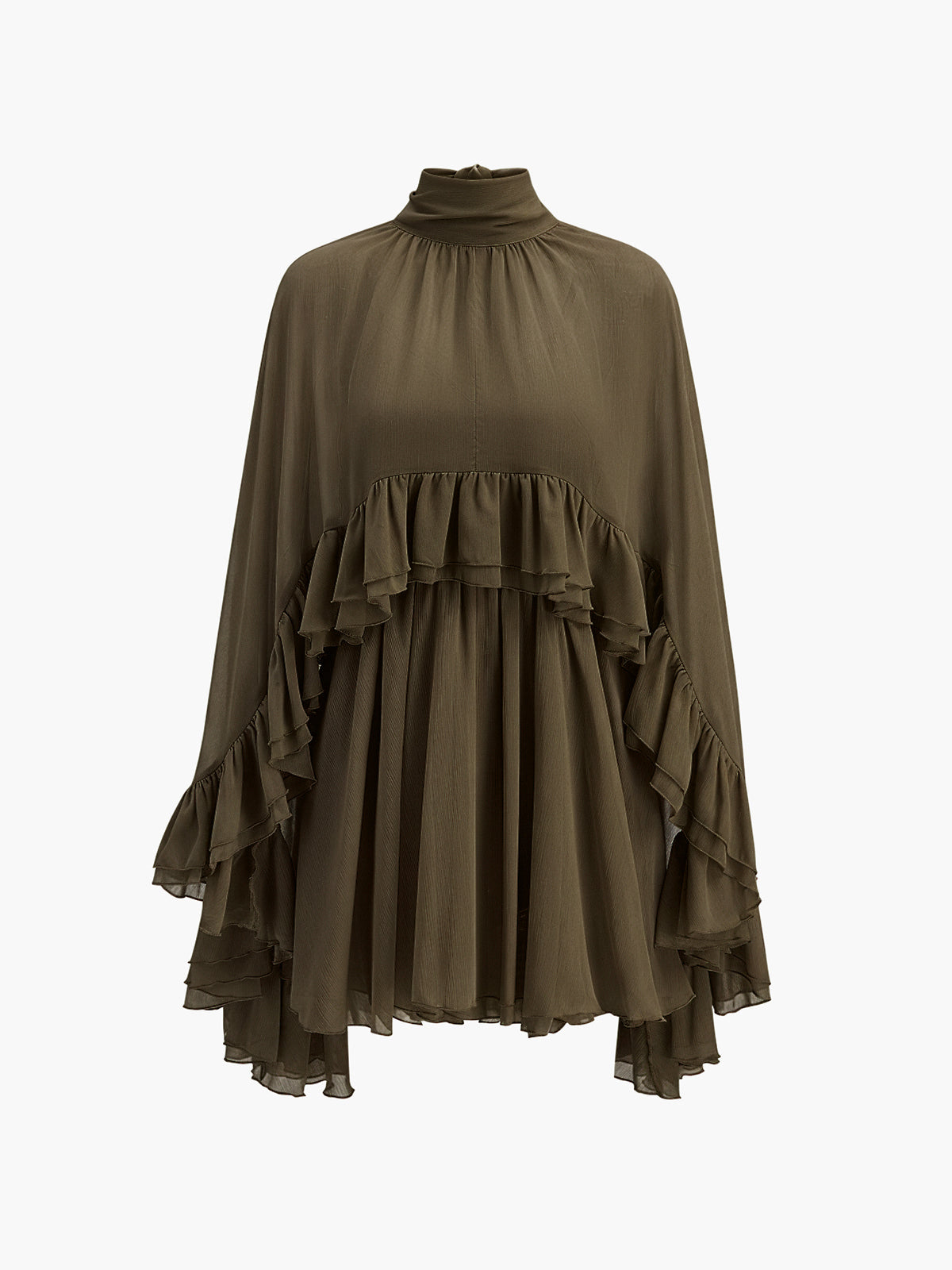 Kim – Halbtransparentes Chiffonkleid mit Rüschen und Umhang