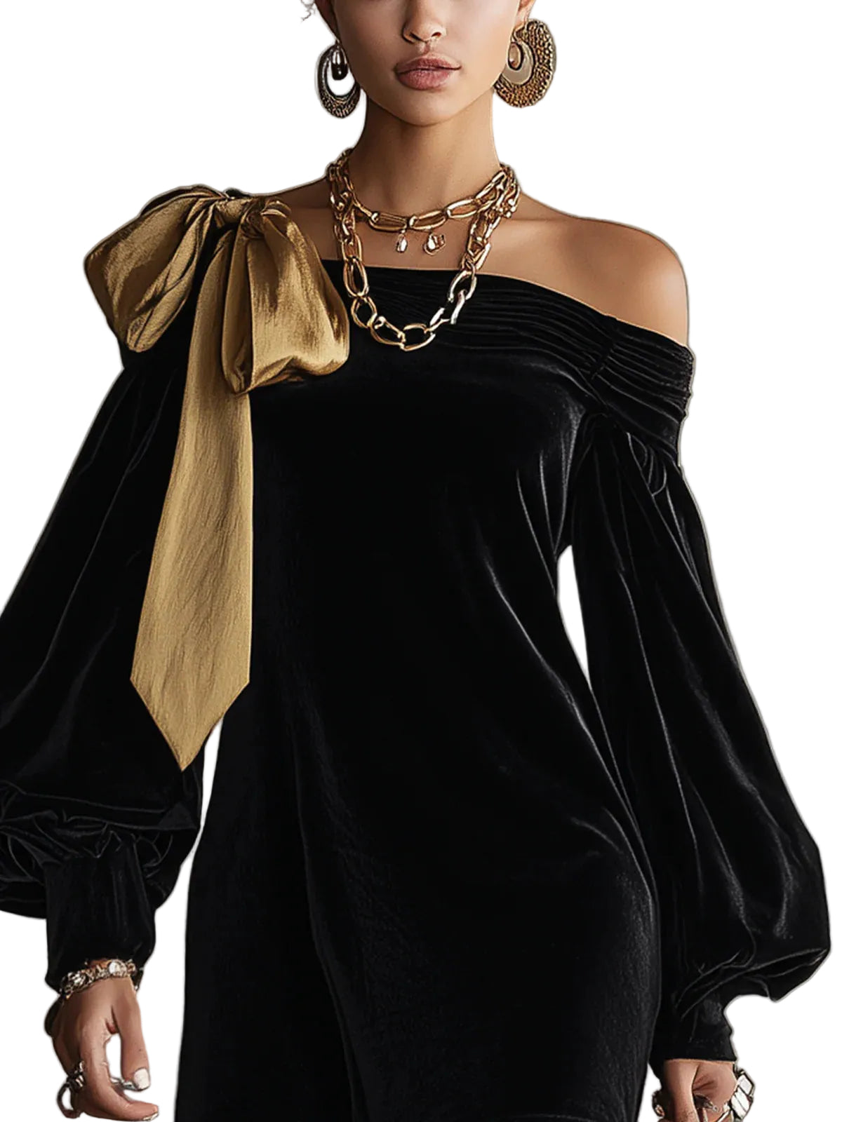 Selina – Schulterfreies Minikleid aus schwarzem Samt und goldfarbenem Satin