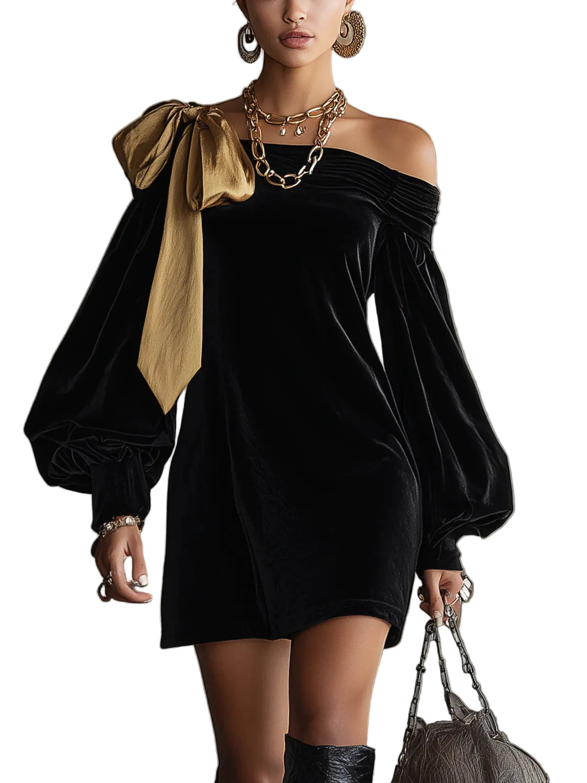 Selina – Schulterfreies Minikleid aus schwarzem Samt und goldfarbenem Satin