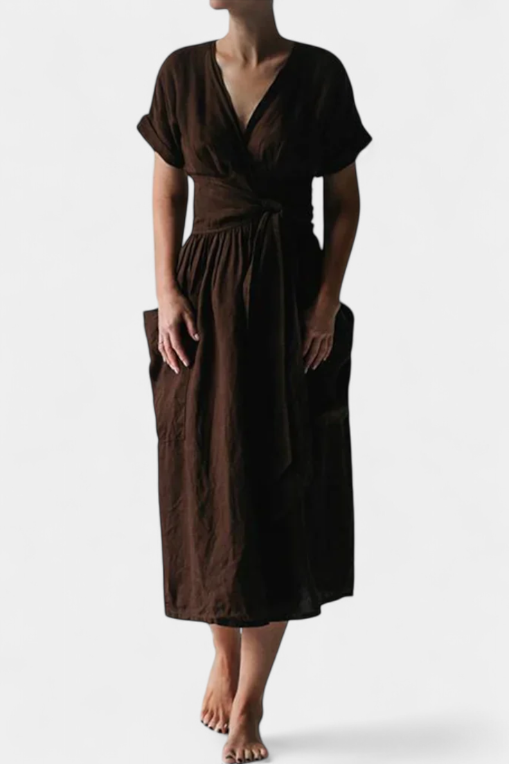 Cressida – Baumwollkleid für Damen mit V-Ausschnitt und Gürtel – Ansicht 5