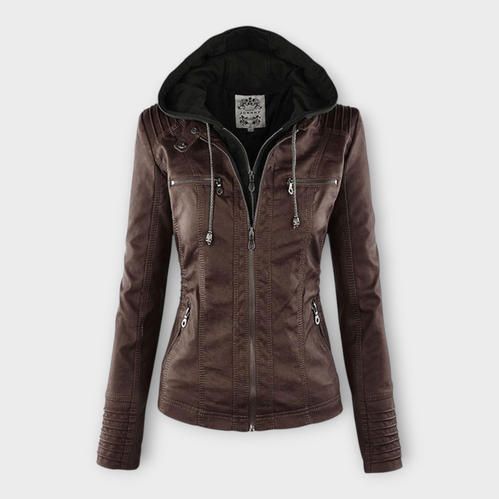 Moderne Lederjacke mit Kapuze und zeitloser Linienführung