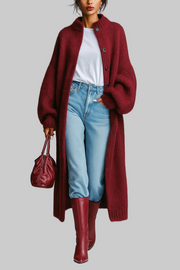 Aveline – Warme lange Strickjacke für Damen mit Faltenkragen